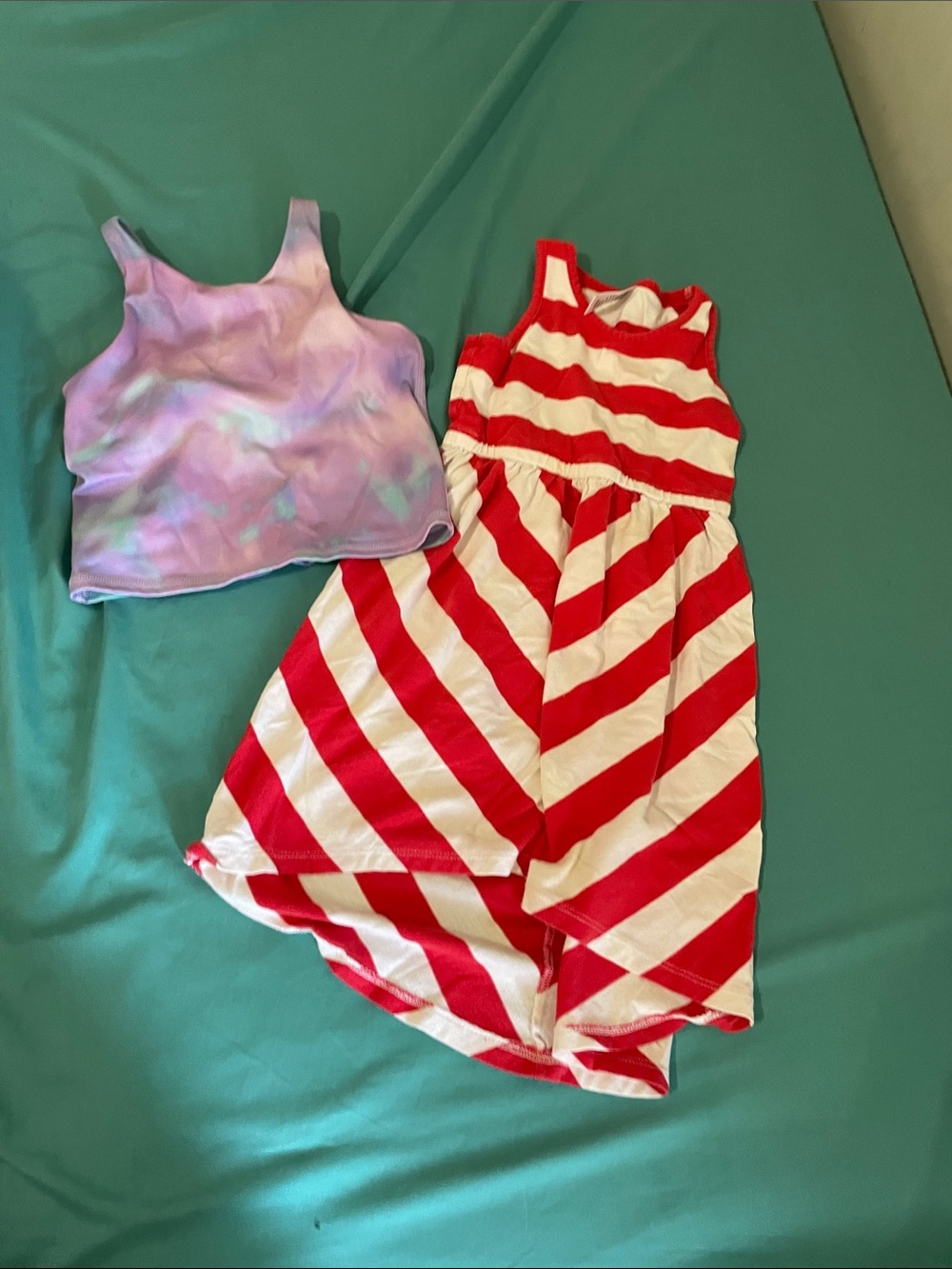 Girls Purple Tie-Dye Tank & Red-White Striped Sleeveless Dress Set